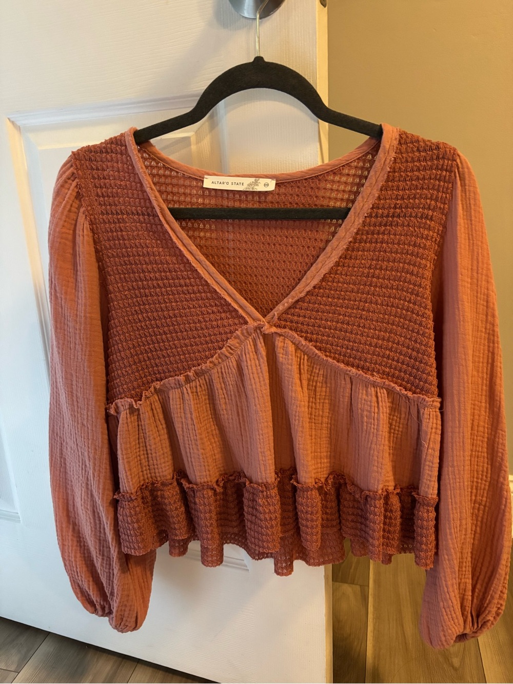 Altar'd State Rust-Pink Textured Peplum Blouse